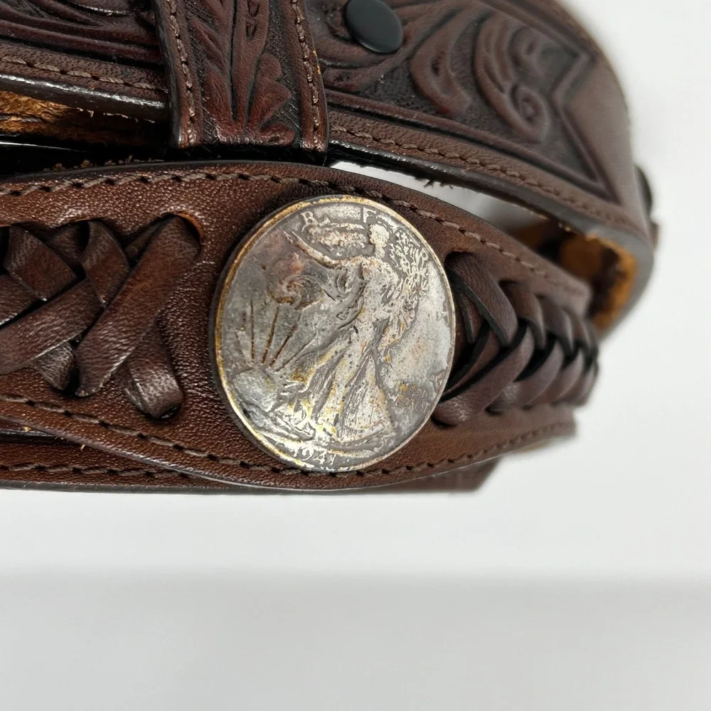Vintage Justin Tooled Leather Western Belt Walking Liberty Half Dollar‎ Coins 32